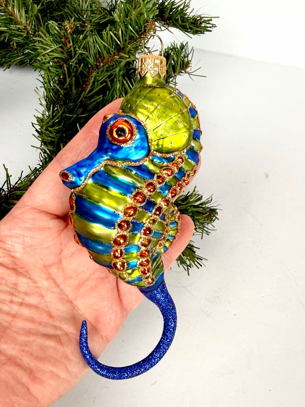 Blown Glass Christmas Ornament Seahorse Shimmering Green Blue